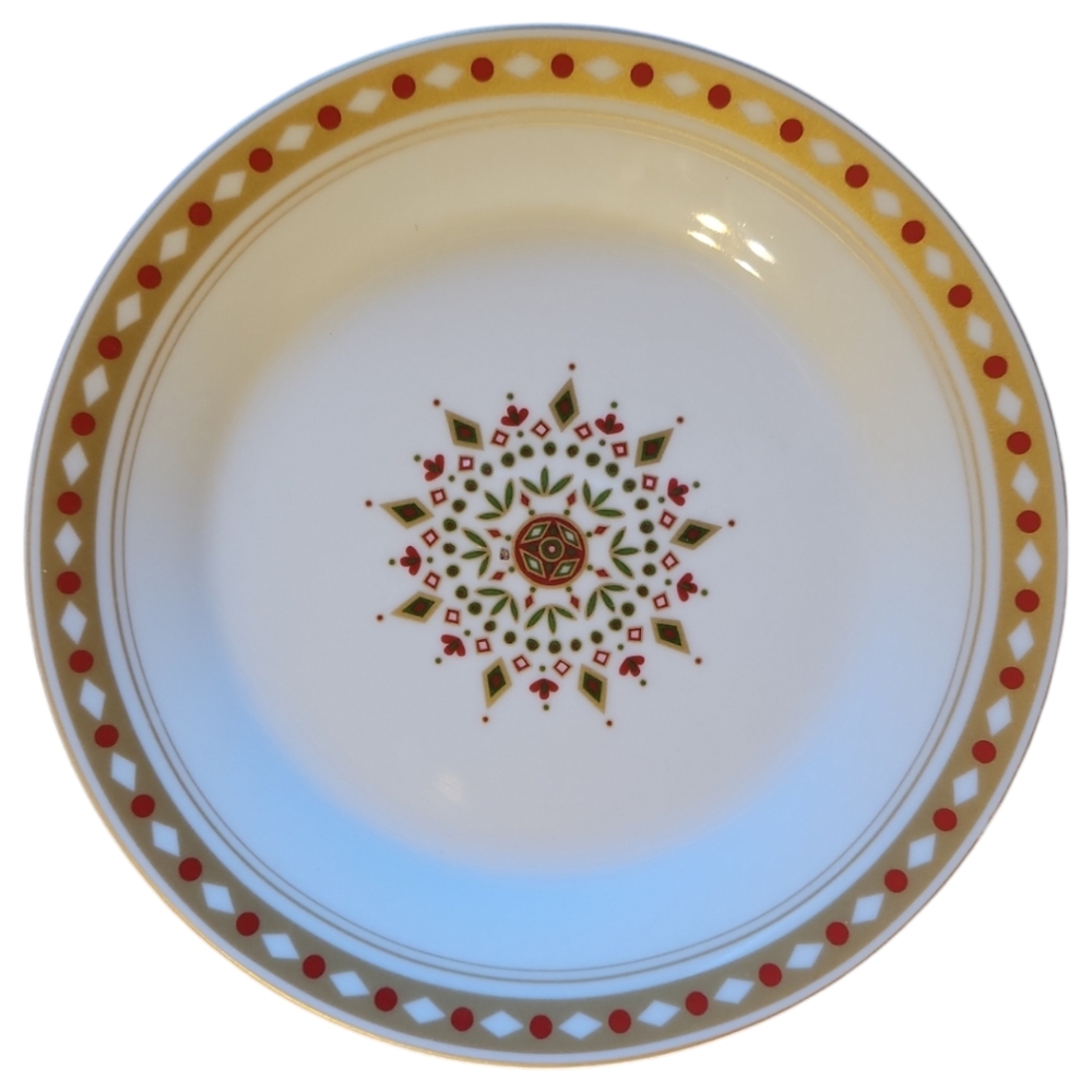 Vtg 2008 Salad Dessert Porcelain Plate Snowflake Gold Red Dot Edge Pier 1 (D)